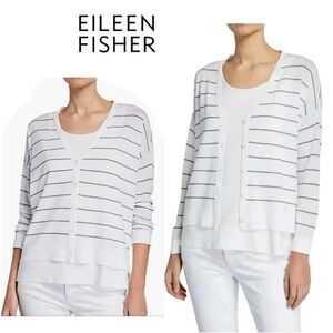 EILLEN FISHER striped long sleeve V neck tencel cardigan Euc 3X